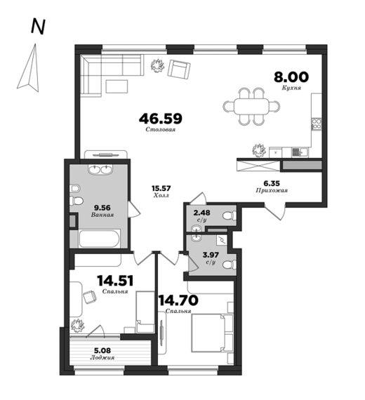 Приоритет, Корпус 1, 2 спальни, 124.27 м² | планировка элитных квартир Санкт-Петербурга | М16
